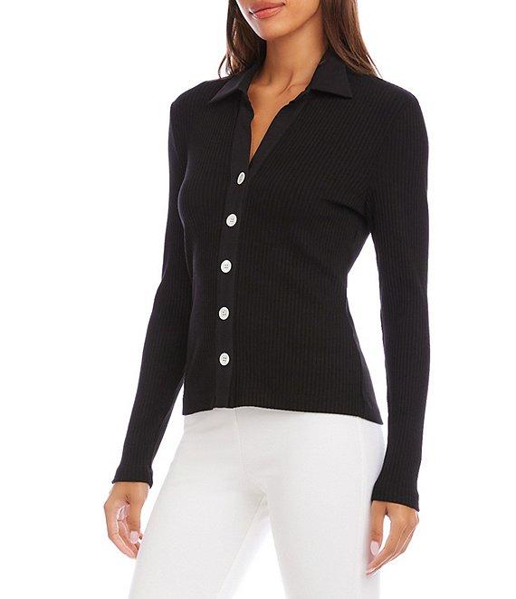 Karen Kane Ribbed Knit Contrast Point Collar Long Sleeve Button Front Shirt Product Image