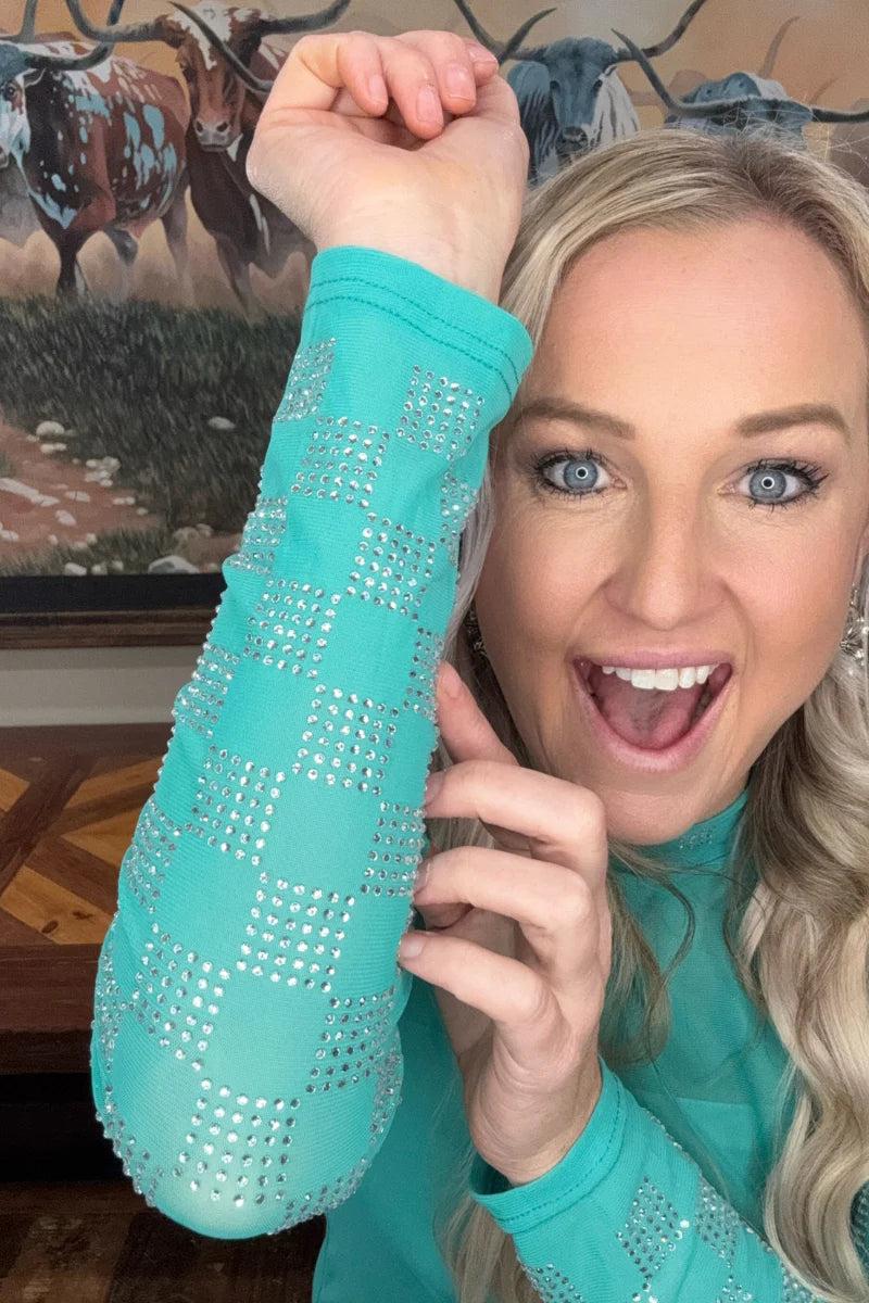 Sterling Kreek Checked In Turquoise Mesh Top Product Image