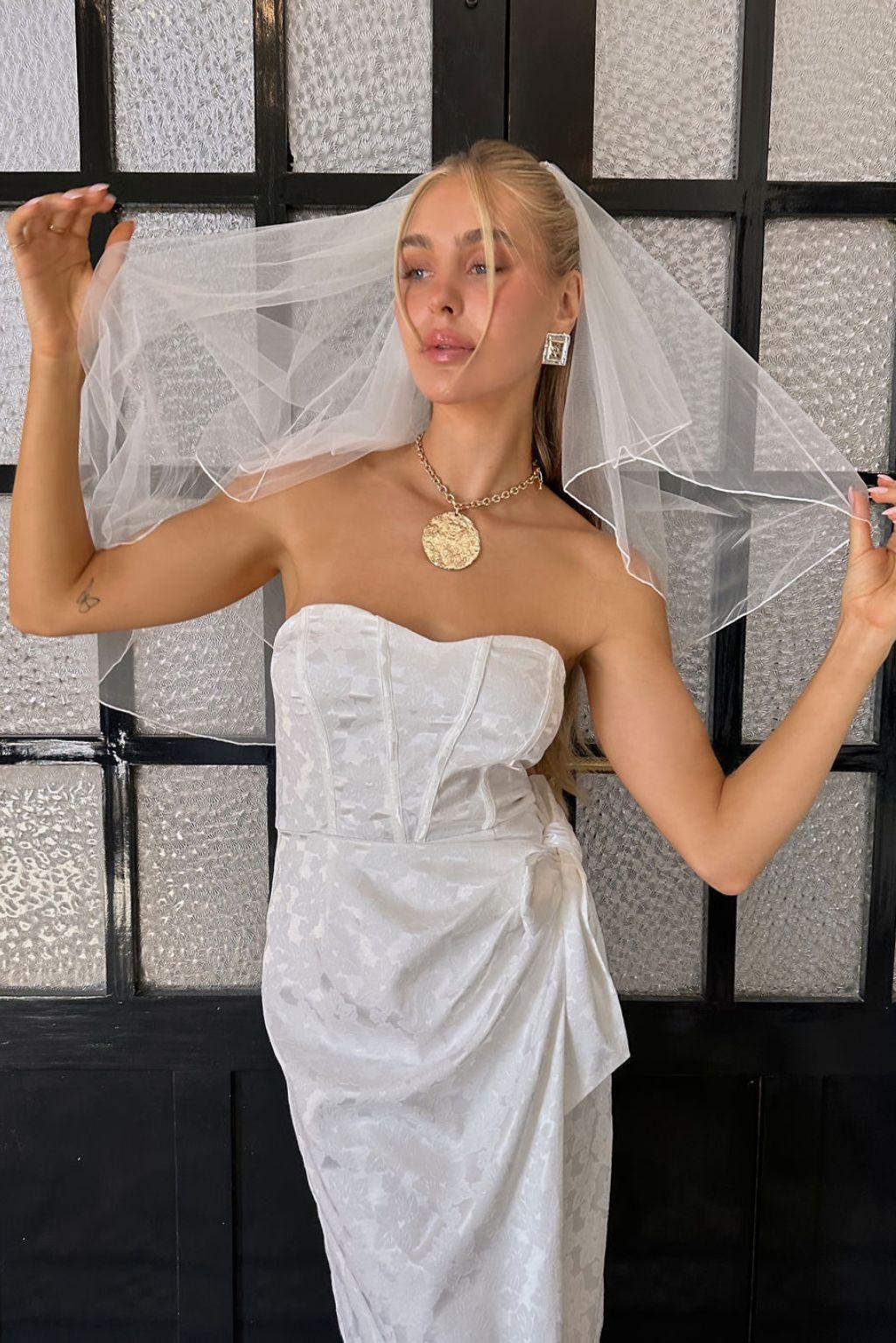 Brighton White Strapless Satin Wrap Dress Product Image