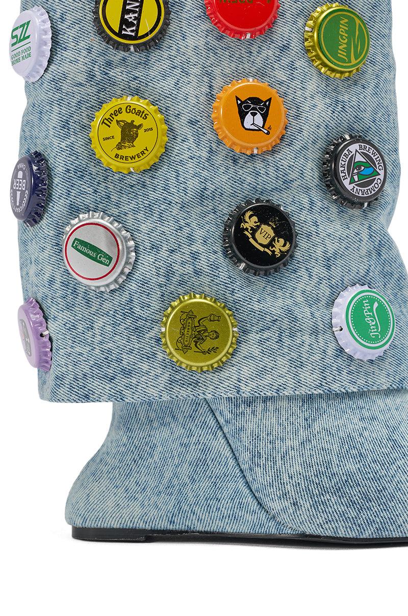 AZALEA WANG EAVEN WEDGE EMBELLISHED DENIM BOOTIE Product Image