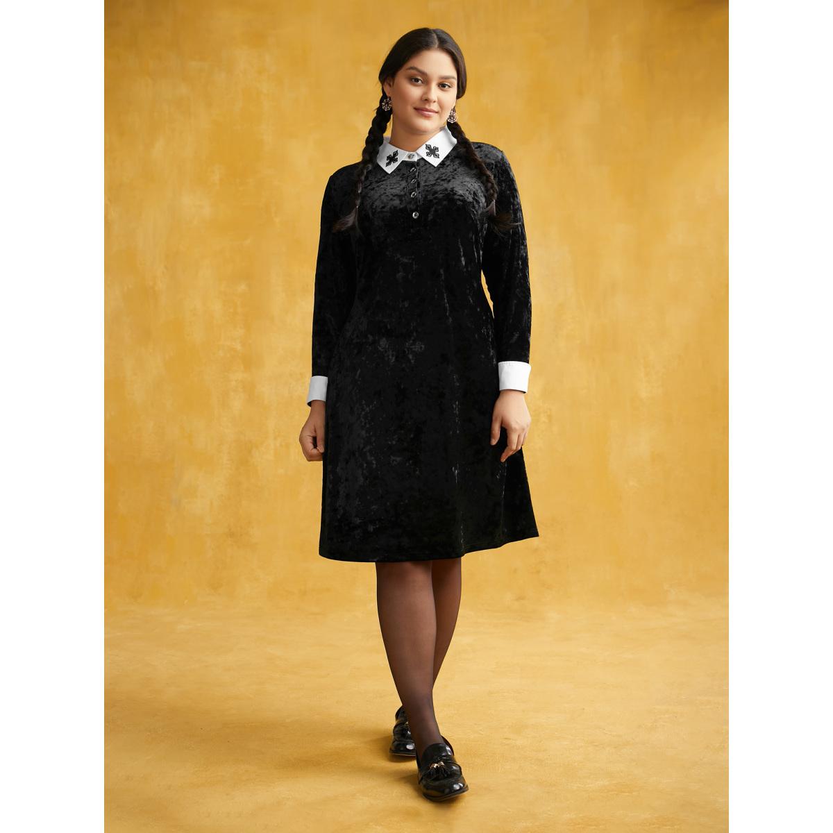 Plus Size Stretch Velvet Collared Midi Dress Black Women Cocktail Texture Party Curvy Bloomchic 10/M Product Image