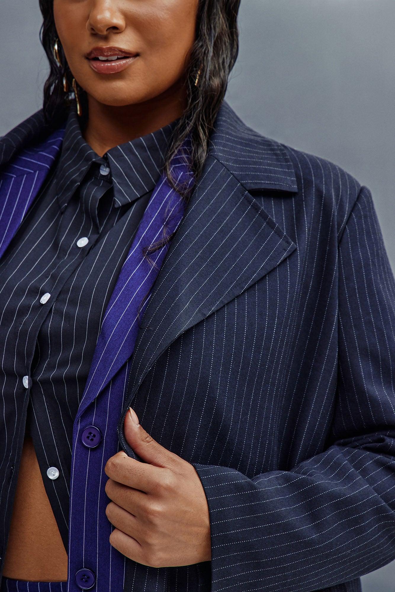 Business Plans Pinstripe Long Blazer - Black/combo Female Product Image