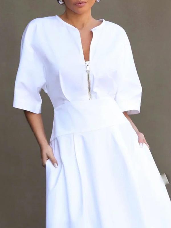 Half Sleeves Loose Solid Color Zipper Round-Neck Maxi Dresses Product Image