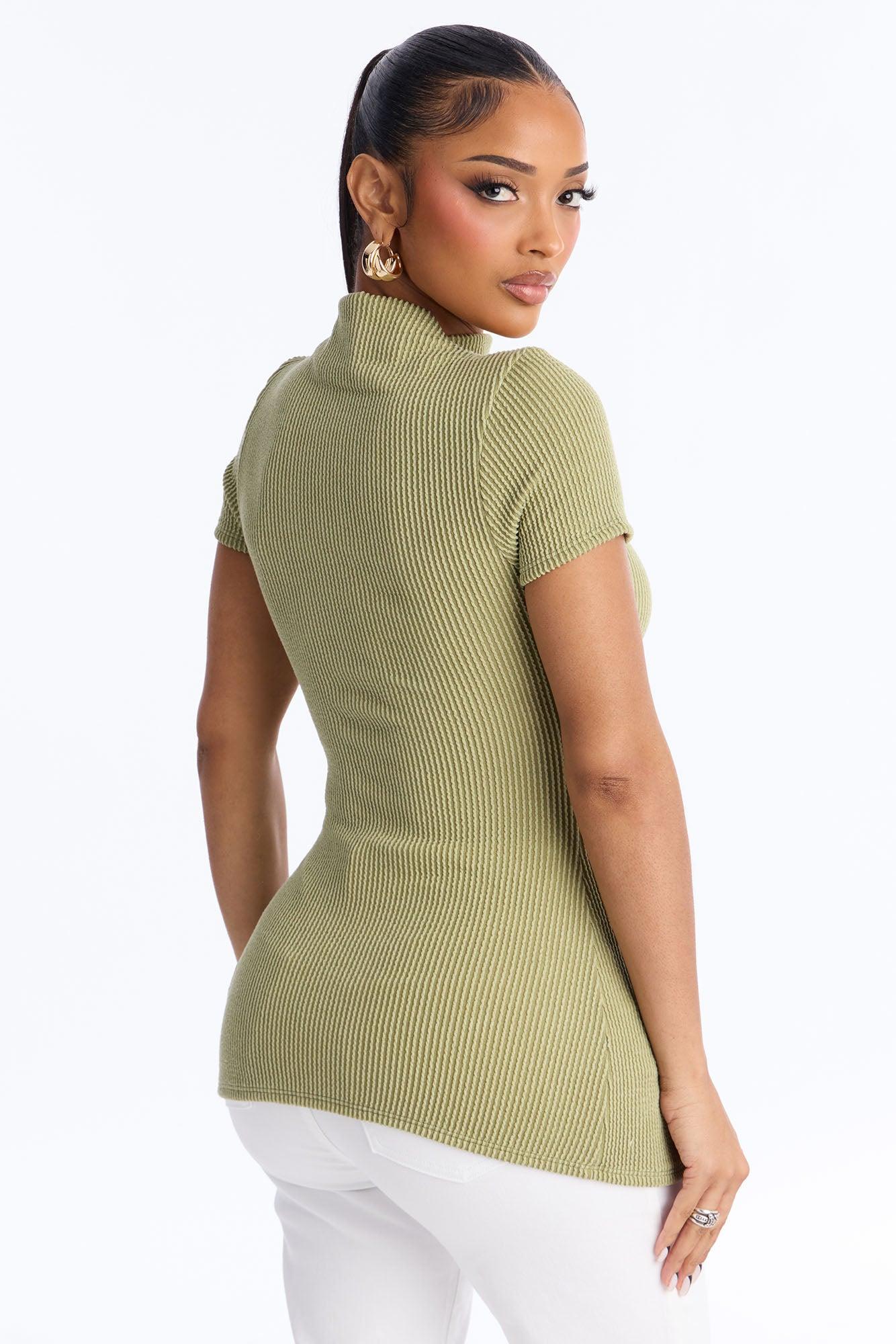 Ika Mock Neck Heavy Ribbed Short Sleeve Top - Chartreuse Female Product Image