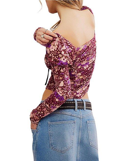 Free People Layer It On Me Floral Print Sweetheart Neck Long Sleeve Lace Trim Cropped Top Product Image