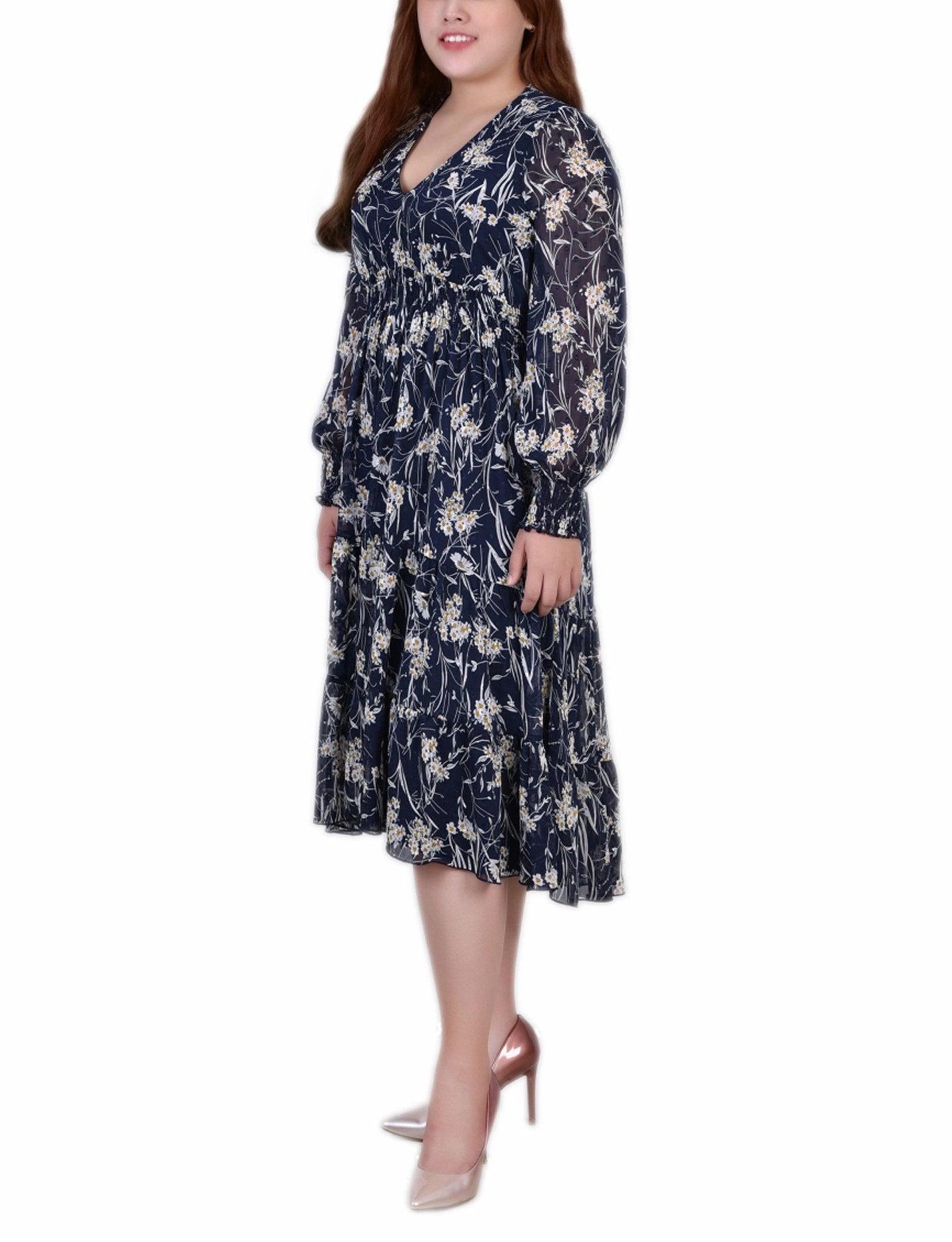 Navy Floral Long Sleeve Clip Dot Chiffon Dress With Smocked Waist and Cuffs - Plus Product Image