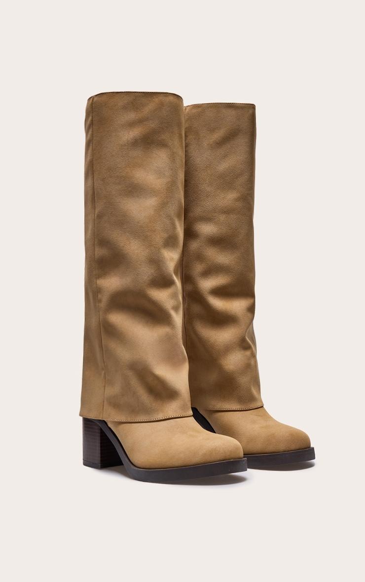Camel Faux Nubuck Round Toe Fold Over Low Block Heel Boots Product Image