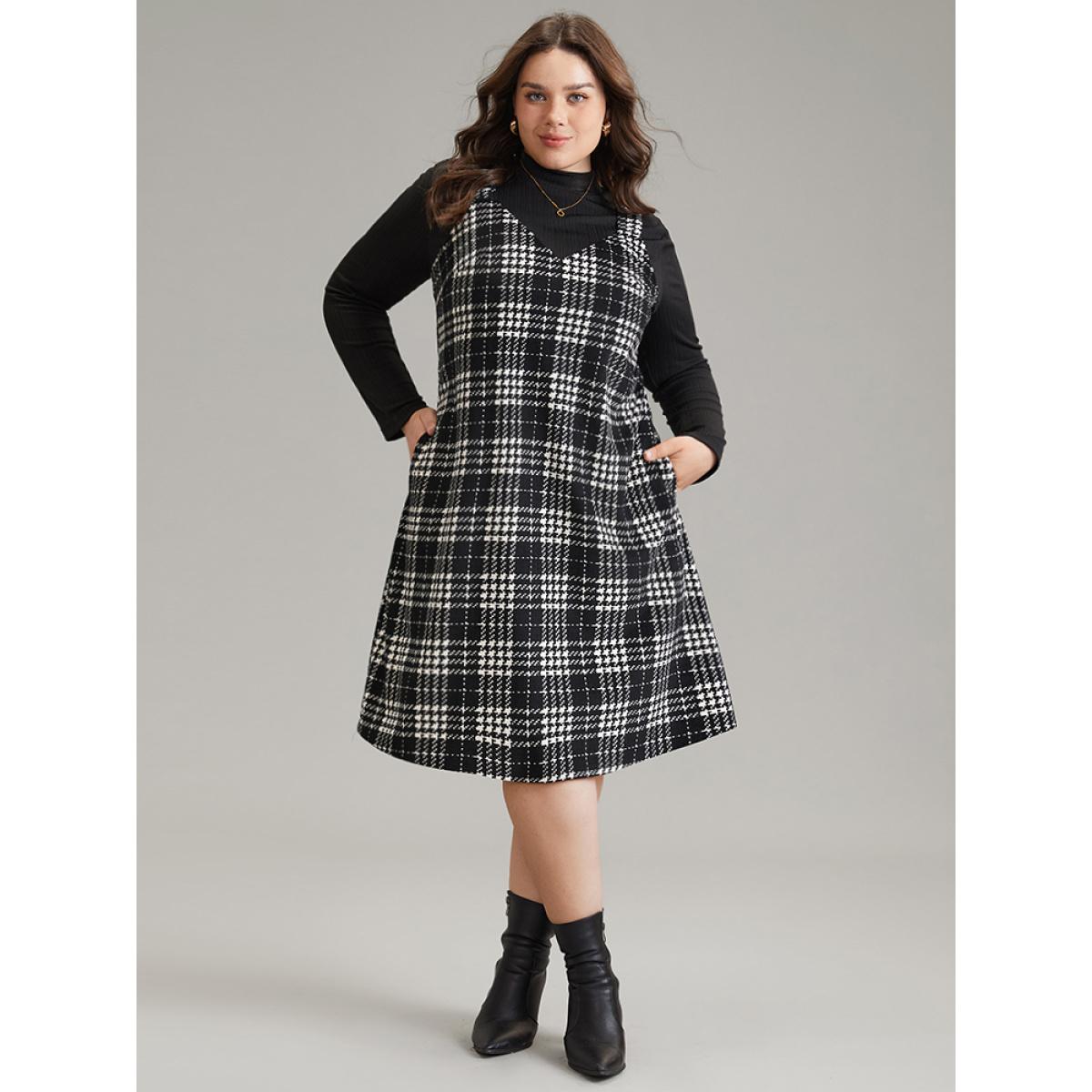 Plus Size Corduroy Plaid Pocket Cami Dress Black Women Elegant Printed Spaghetti Strap Sleeveless Curvy Midi Dress BloomChic 26/4X Product Image