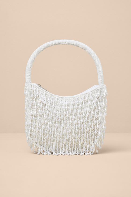 Dinola White Beaded Fringe Handbag Product Image