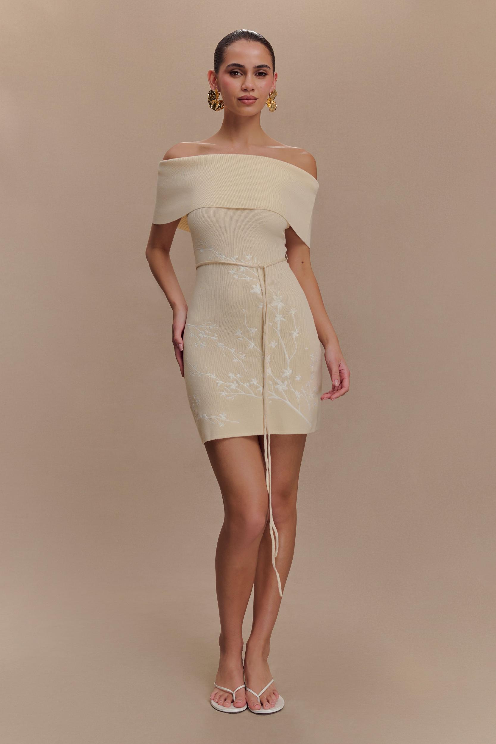 Mallory Off Shoulder Embroidered Knit Mini Dress - Cream And Ivory Product Image