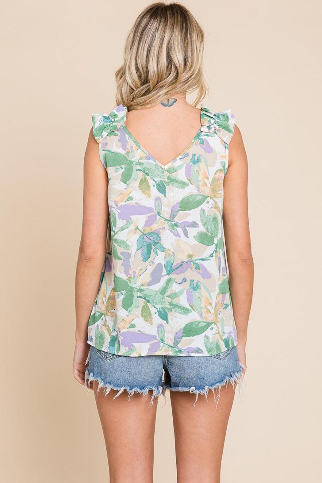 V Neck Sleeveless Ruffled Printed Top Product Image