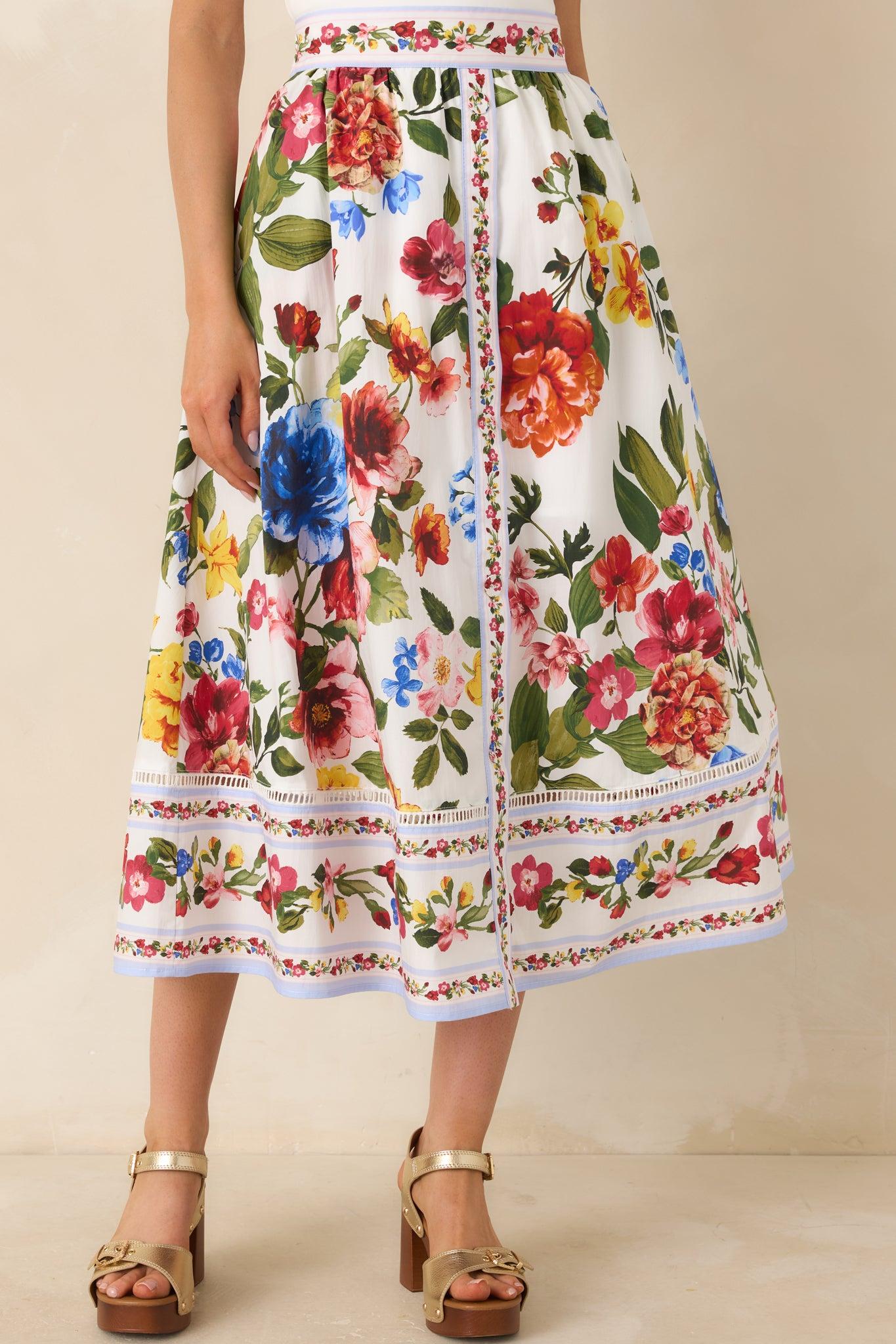 Painted Garden Ivory Multi Floral Cotton Midi Skirt Product Image
