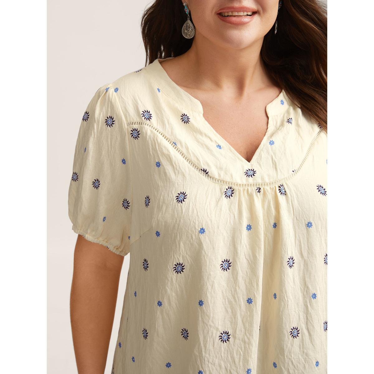 Plus Size LightBlue Boho Print Notched Collar Blouse Women Boho Short sleeve Flat collar with V-notch Vacation Blouses BloomChic 18-20/2X Product Image