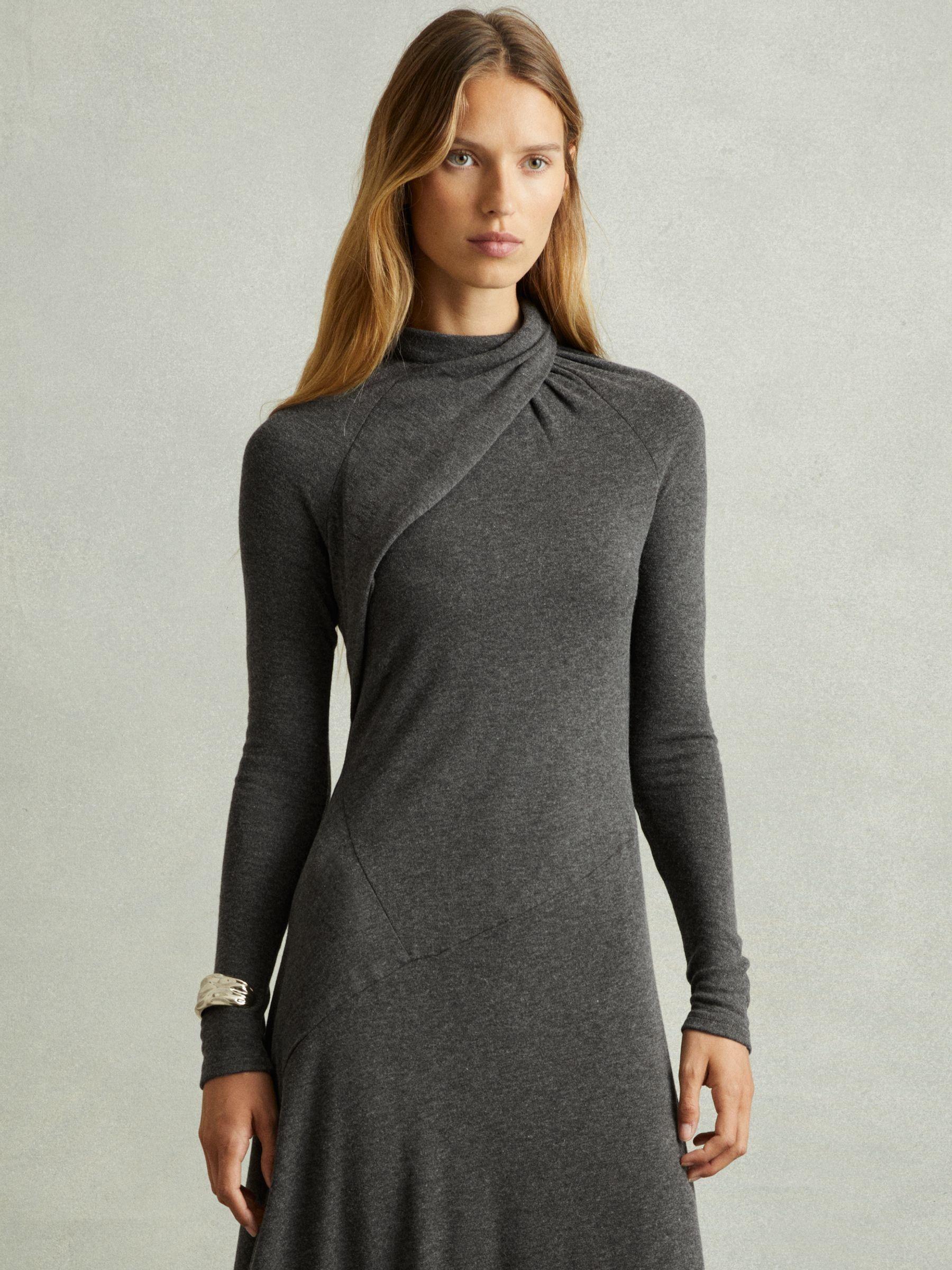 Jersey Drape Asymmetric Midi Dress in Grey Product Image