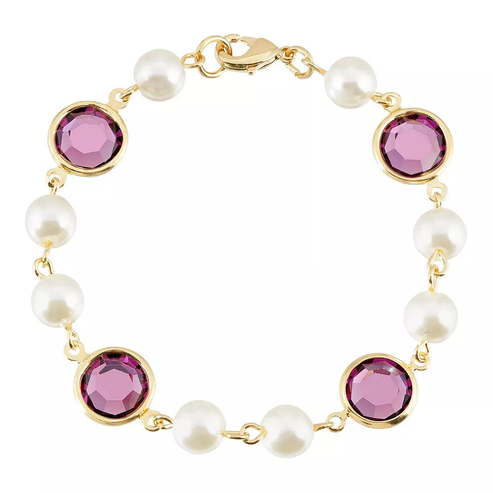 1928 Gold Tone Simulated Pearl & Crystal Chain Bracelet, Womens, Purple Product Image