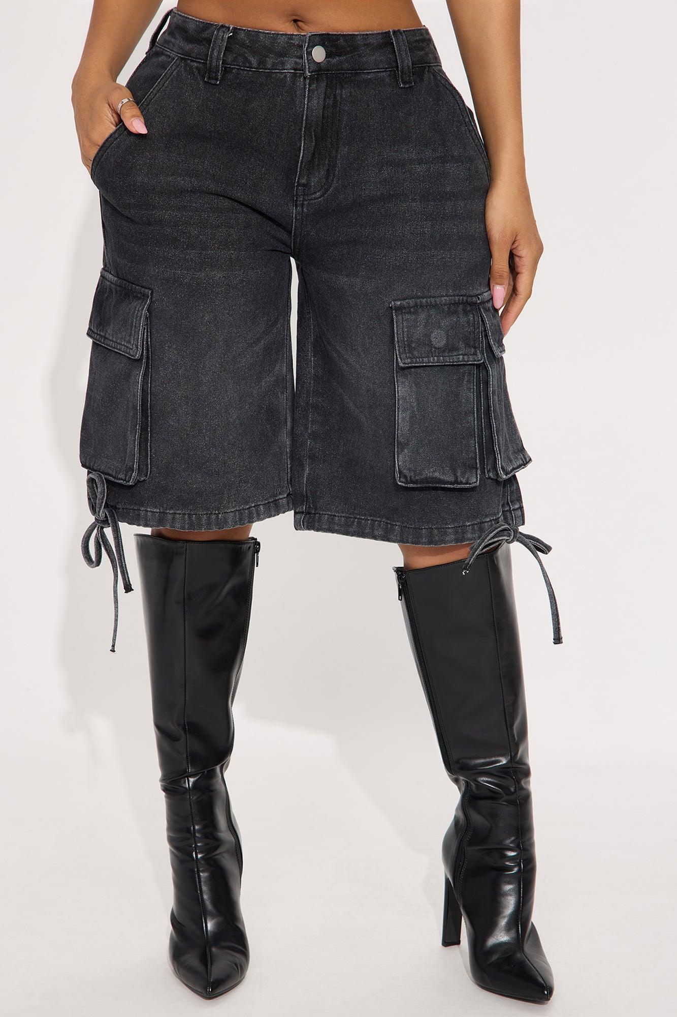 Elsy Non Stretch Cargo Denim Jorts - Black Wash Product Image