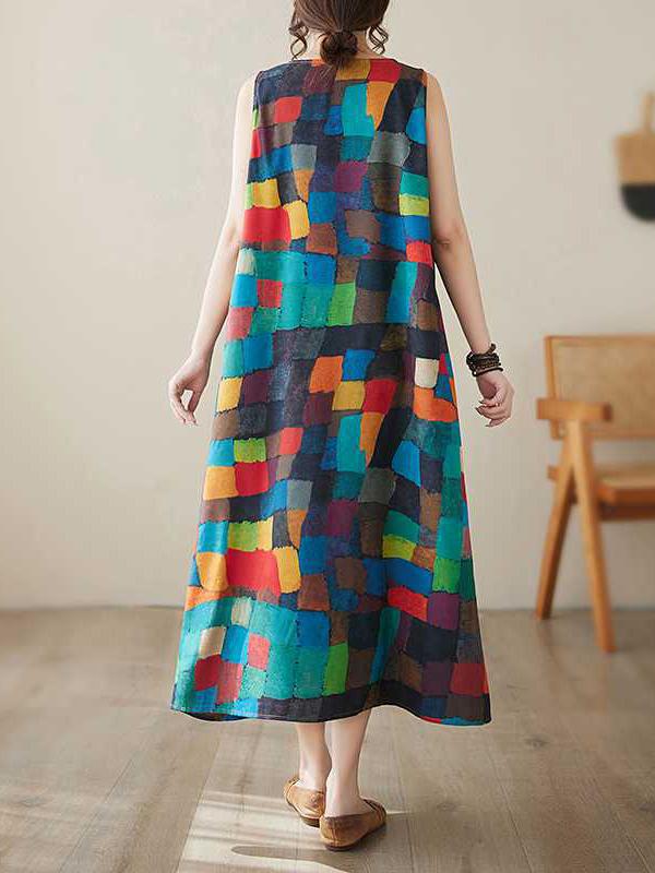 Loose Sleeveless Contrast Color Multi-Colored Plaid Round-Neck Midi Dresses Product Image