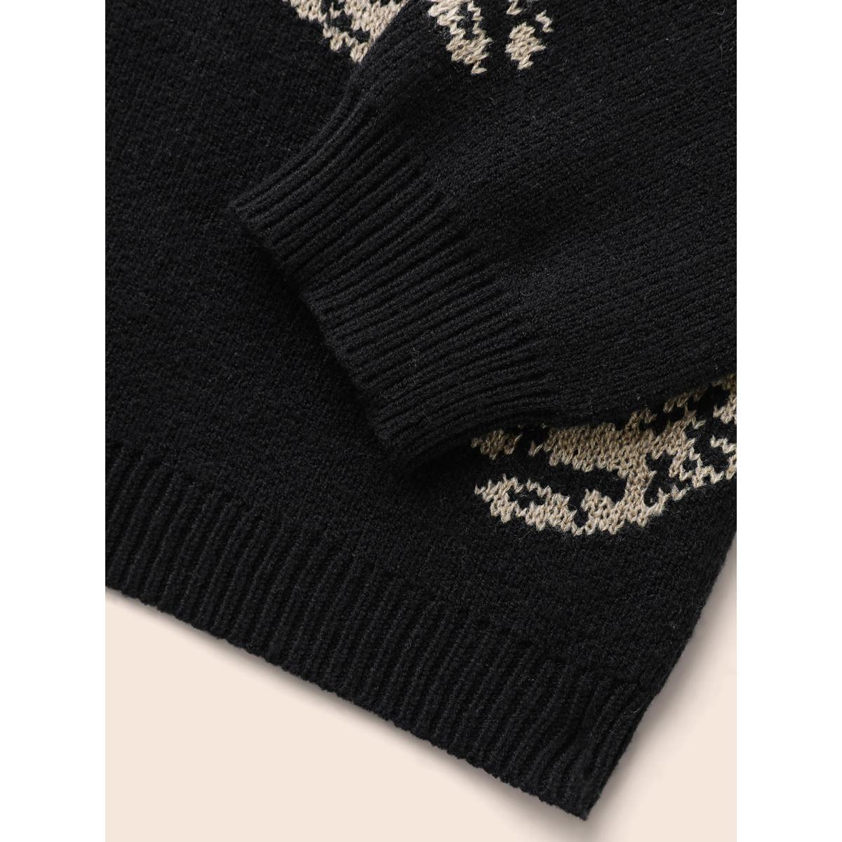 Plus Size Animal Jacquard Drop Shoulder Sleeve Pullover Black Women Casual Long Sleeve Round Neck Everyday Pullovers BloomChic 14-16/1X Product Image