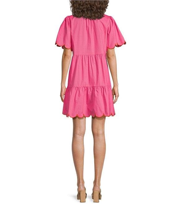 Sugarlips Poplin Ruffled Split V-Neck Short Sleeve Scallop Hem Mini Dress Product Image
