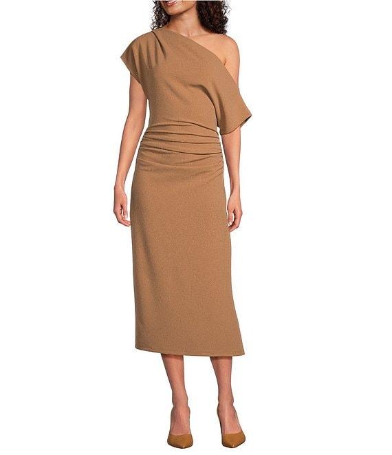 Gibson & Latimer Crepe Knit Asymmetric Neck One Shoulder Off-the-Shoulder Short Sleeve Ruched Sheath Midi Dress Product Image