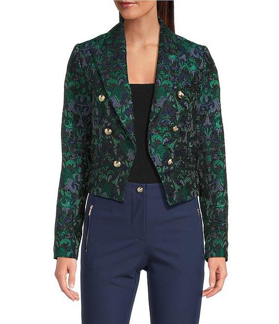 KARL LAGERFELD PARIS Textured Jacquard Print Notch Collar Cropped Jacket Product Image
