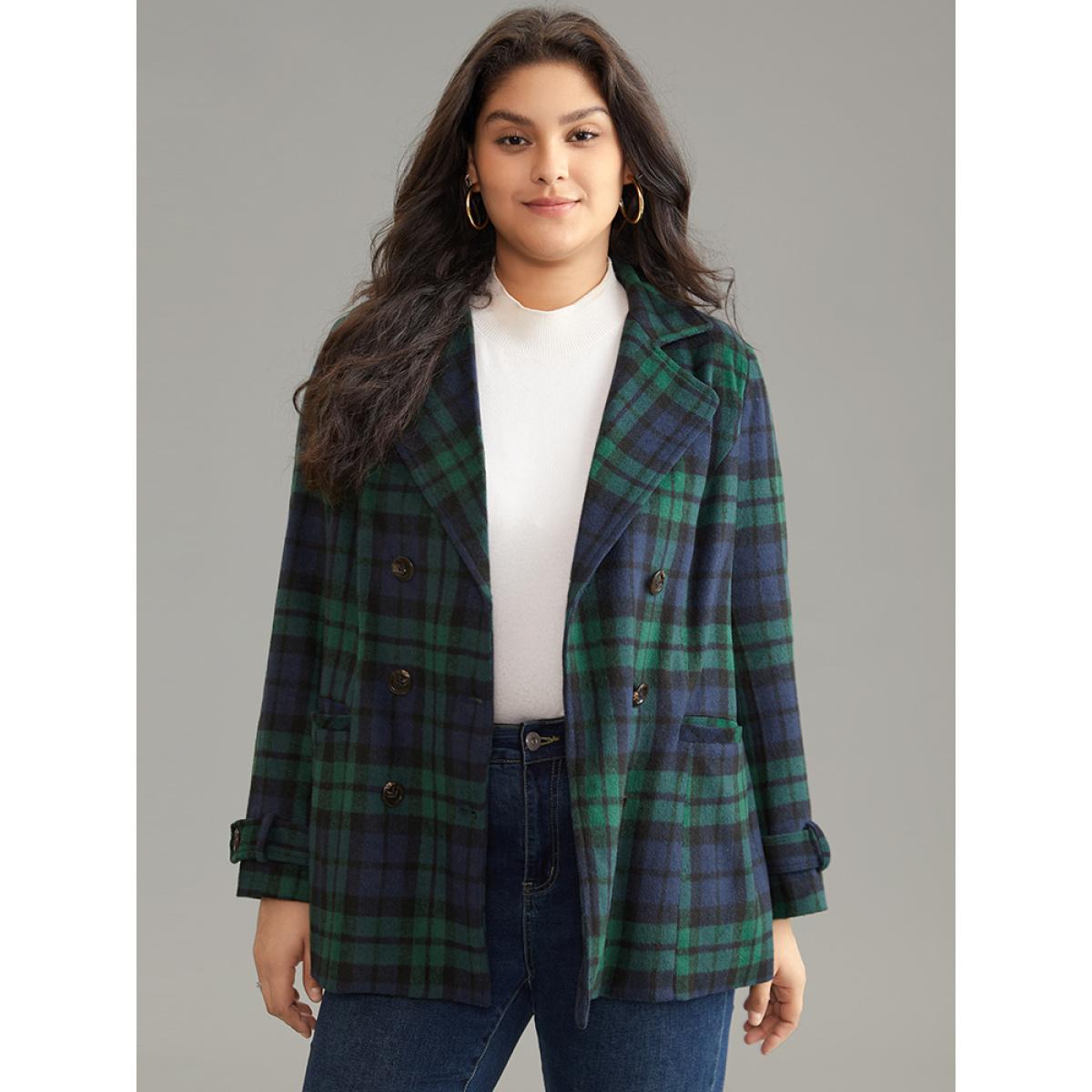 Plus Size Patched Pocket Plaid Double Breasted Coat Women DarkGreen Casual Lined Ladies Dailywear Winter Coats BloomChic 18-20/2X Product Image