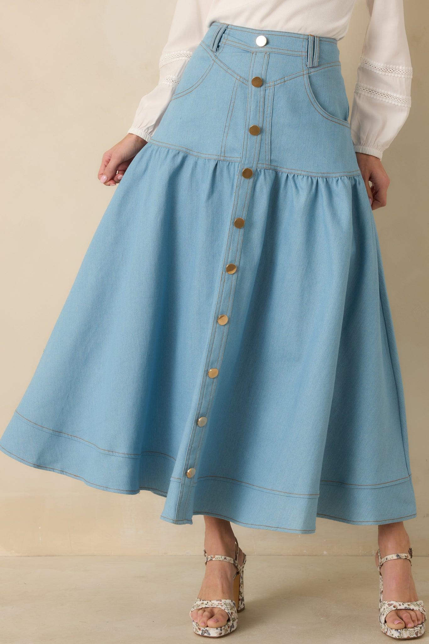 Town & Country Light Wash Denim Button-Down Maxi Skirt Product Image