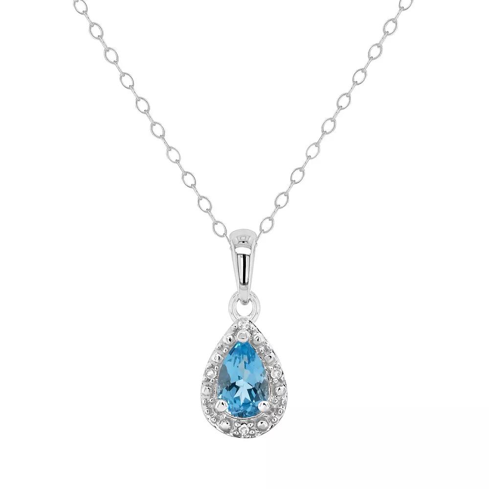 Celebration Gems Sterling Silver Pear Shaped Diamond Accent Frame Pendant Necklace, Womens Blue Topaz Product Image