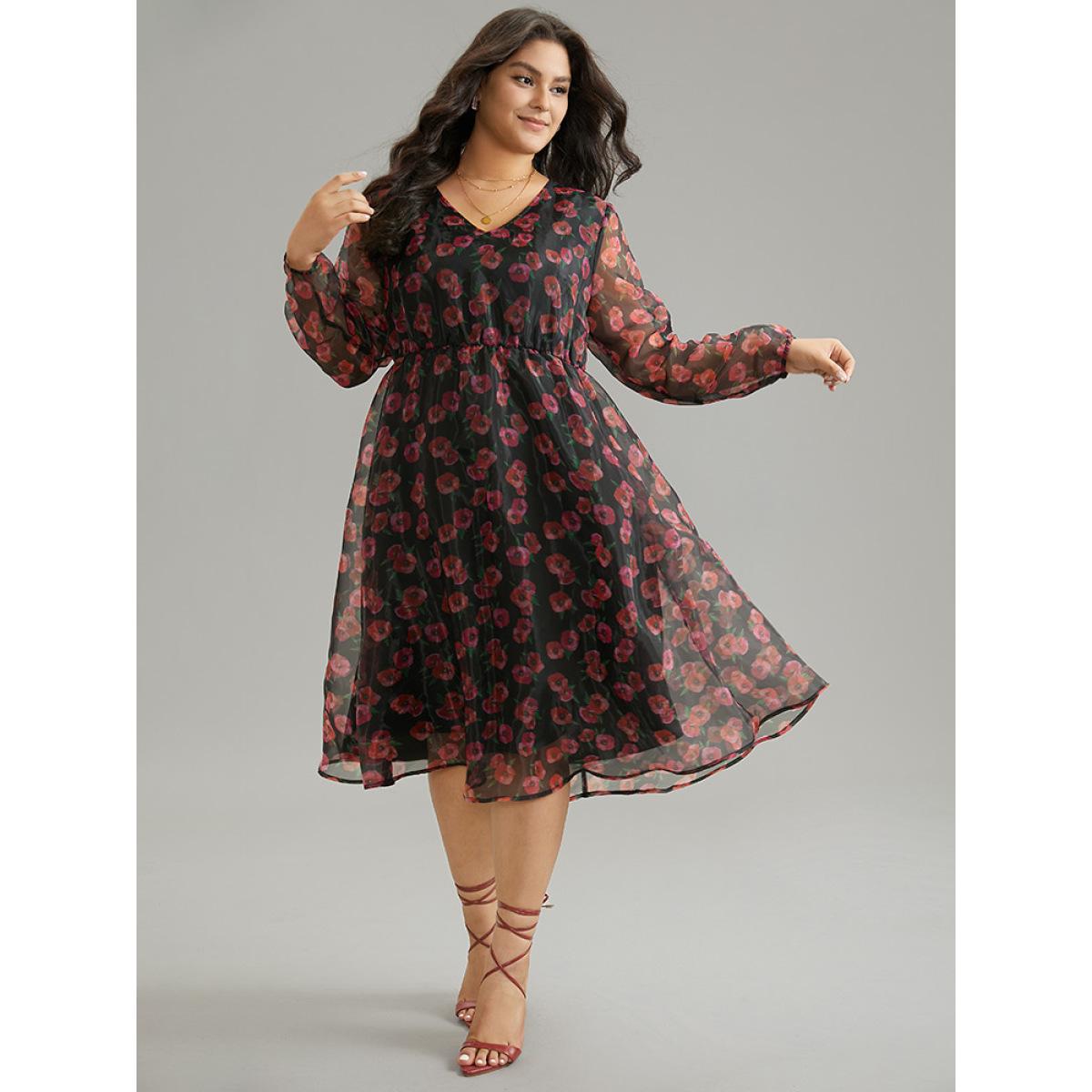 Plus Size Floral Mesh Elastic Waist Lantern Sleeve Dress Black Women Casual Elastic cuffs V-neck Long Sleeve Curvy Midi Dress BloomChic 30/6X Product Image