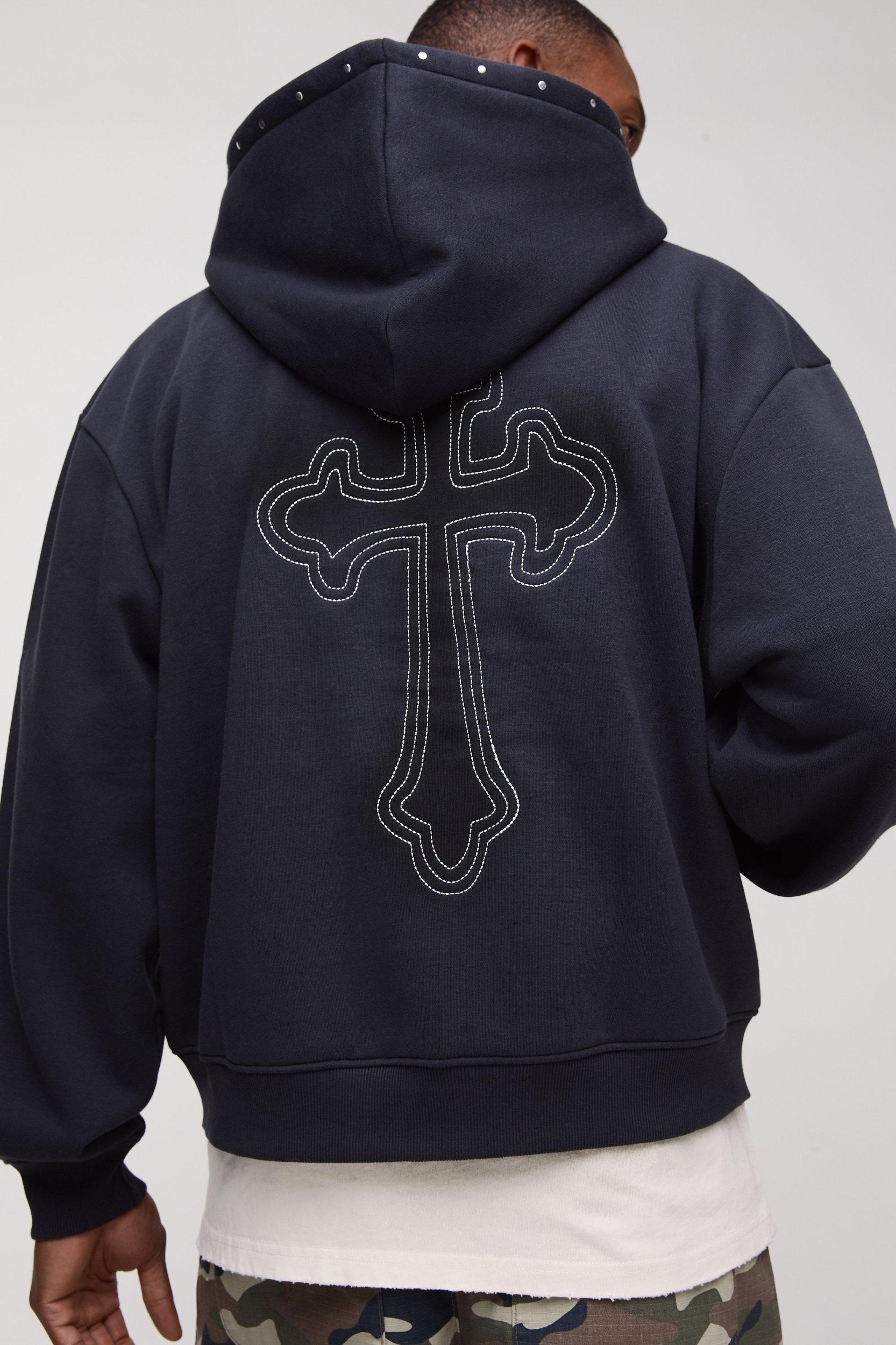 Oversized Boxy Cross Embroidered Zip Through Hoodie | boohooMAN USA Product Image