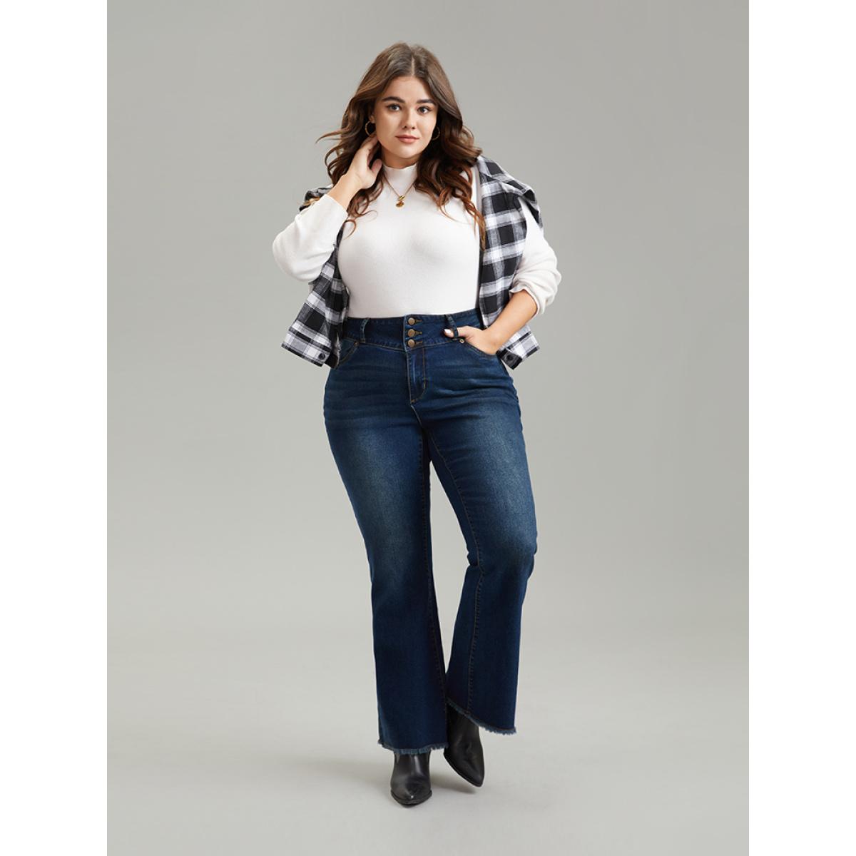 Plus Size Frayed Hem Flare Leg Button Down Jeans Women DarkBlue Casual Plain Plain High stretch Pocket Jeans BloomChic 14/1X Product Image