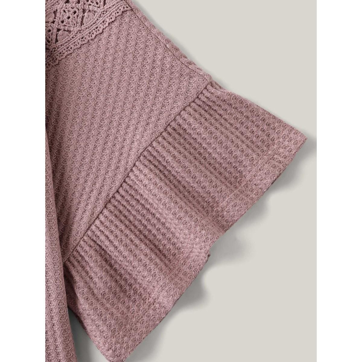 Plus Size Textured Lace Ruffled Sleeve T-Shirt Rouge Women Leisure Woven ribbon&lace trim Round Neck Casual T-shirts BloomChic 14-16/1X Product Image