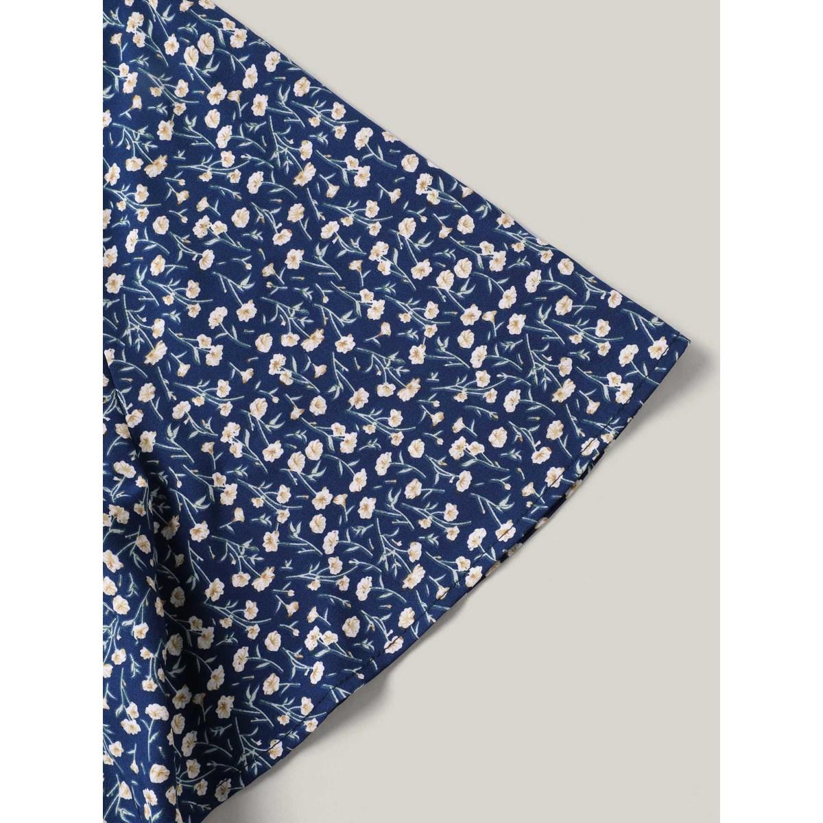 Plus Size Indigo Floral Printed Lotus Sleeve Tied Blouse Women Elegant Short sleeve V-neck Everyday Blouses BloomChic 18-20/2X Product Image