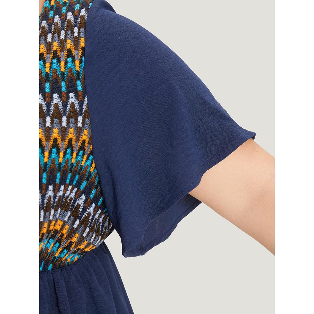 Plus Size Indigo Knit Patchwork Gathered Flutter Sleeve Blouse Women Elegant Short sleeve Square Neck Dailywear Blouses BloomChic 12/L Product Image