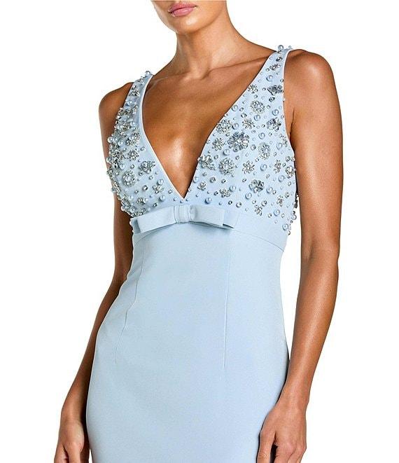 Mac Duggal V-Neck Beaded Bodice Crepe Aline Gown Product Image