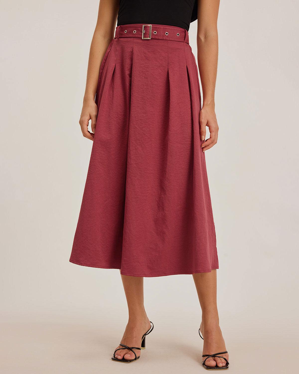 Red Belt Flared Midi Skirt Product Image