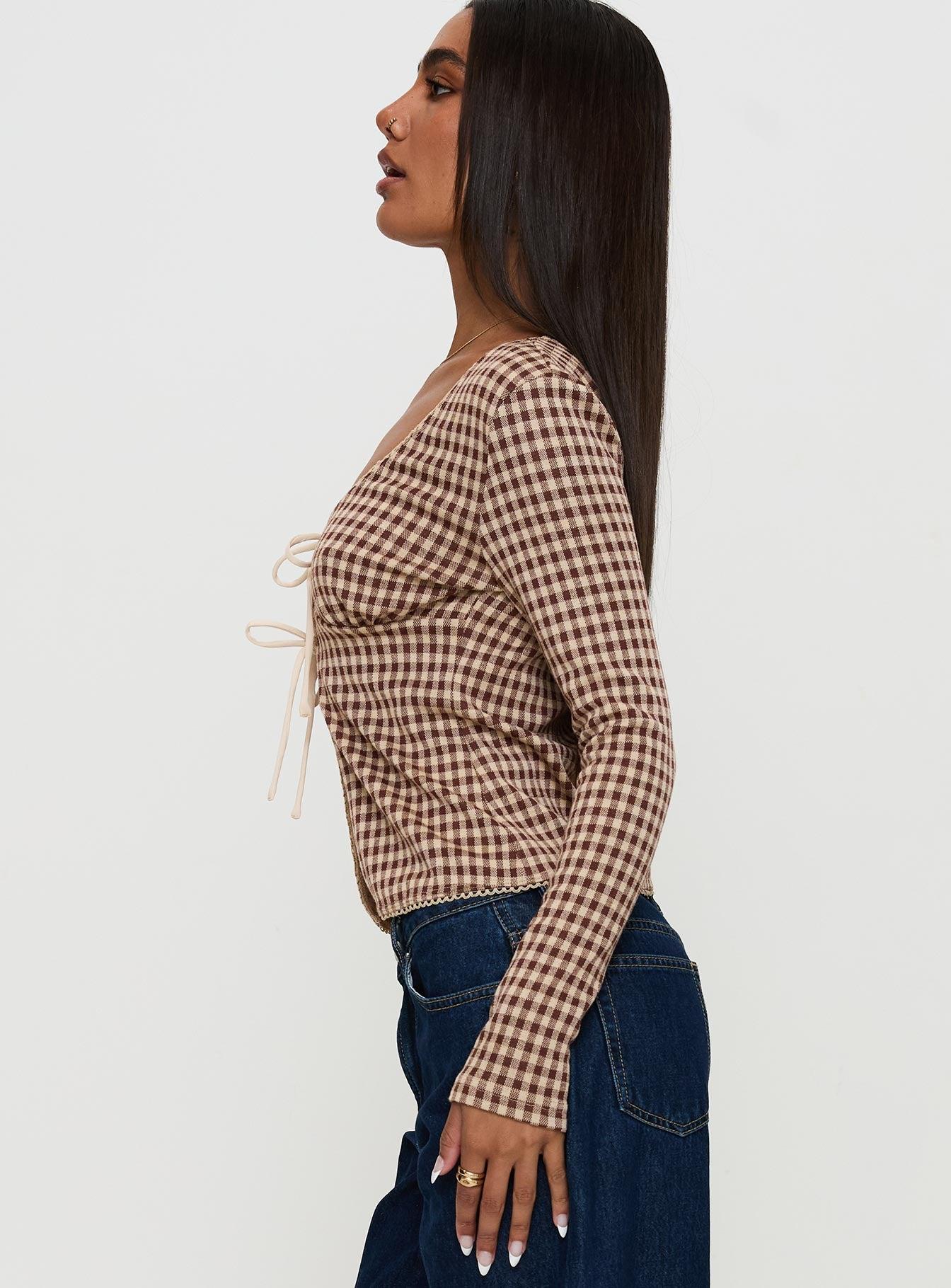Maemi Long Sleeve Tie Up Top Brown Check Product Image
