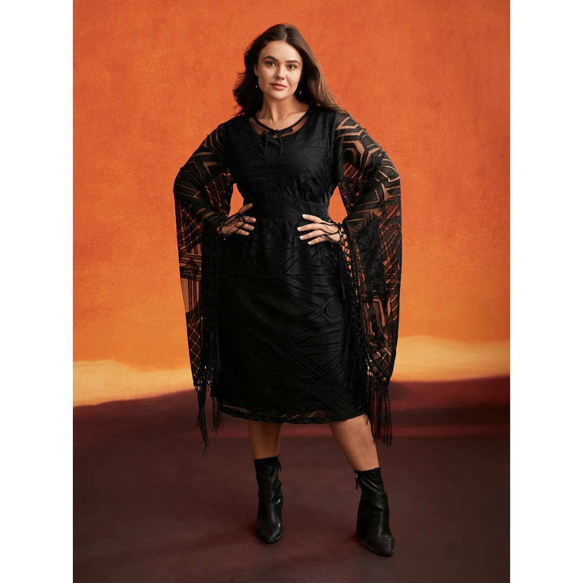 Plus Size Stretch Fabric Bell Sleeves Midi Dress Black Women Cocktail Texture Party Curvy Bloomchic 28/5X Product Image