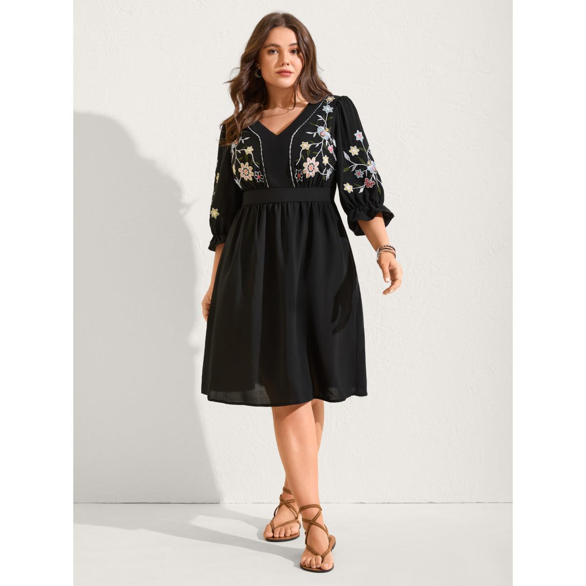 Plus Size Floral Embroidered V-Neck Pockets Knee Dress Black Women Boho V-neck Elbow-length sleeve Curvy BloomChic 18-20/2X Product Image