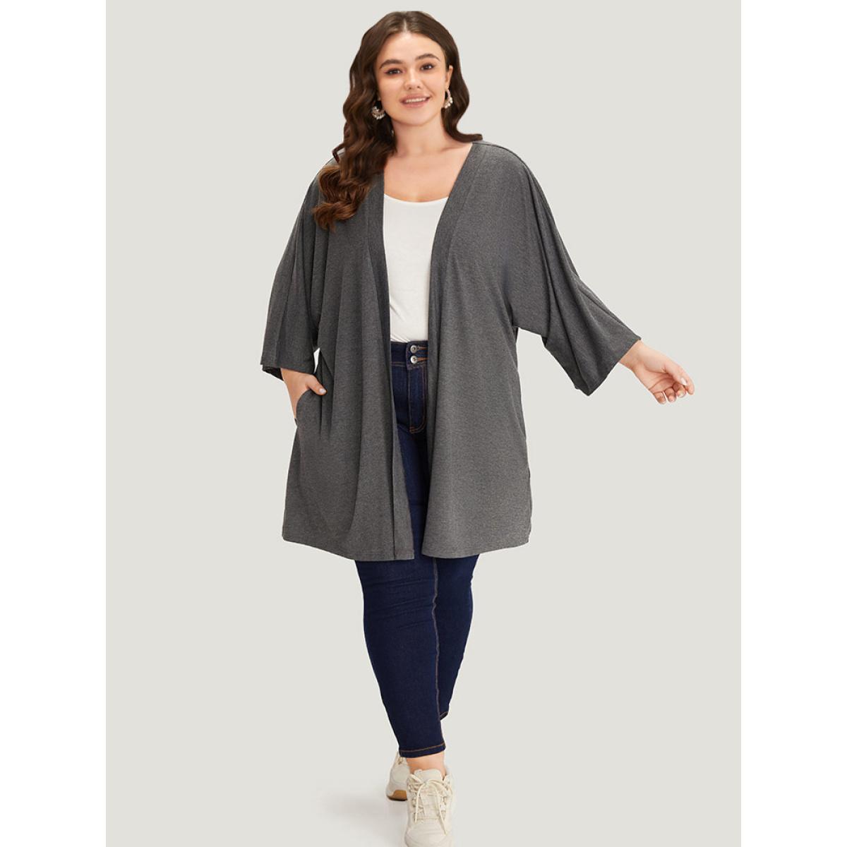 Plus Size Supersoft Essentials Plain Open Front Pocket Batwing Sleeve Kimono Women DarkGray Casual Plain Loose Pocket Dailywear Kimonos BloomChic 10/M Product Image