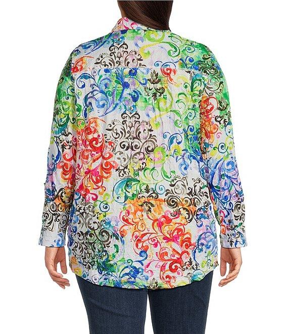 Ali Miles Plus Size Woven Abstract Multi Print Point Collar 3/4 Roll-Tab Sleeve Button-Front Tunic Product Image