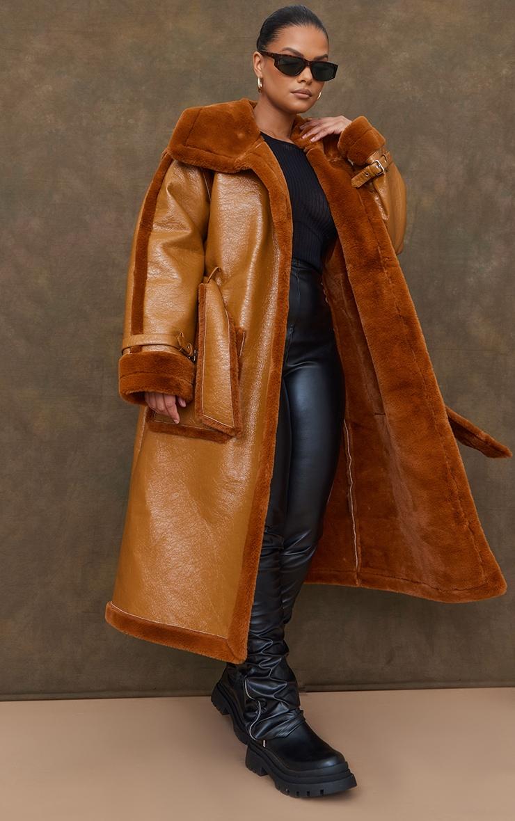 Plus Camel Vinyl Contrast Faux Fur Midi Coat Product Image