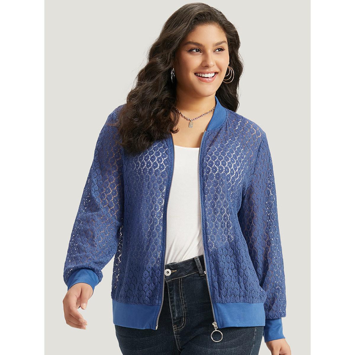 Plus Size Plain Lace Patchwork Zipper Cut Out Jacket Women Aegean Plain Dailywear Jackets BloomChic 26/4X Product Image