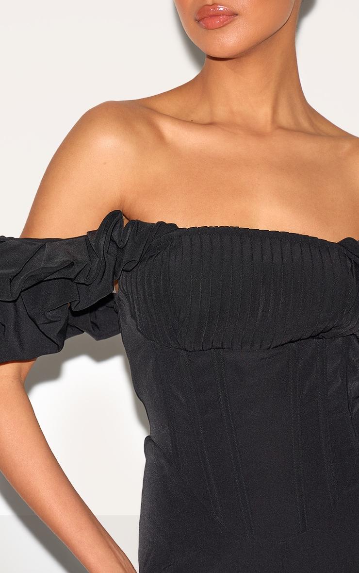 Black Woven Pleated Corset Detail Bardot Frill Jumpsuit. Product Image