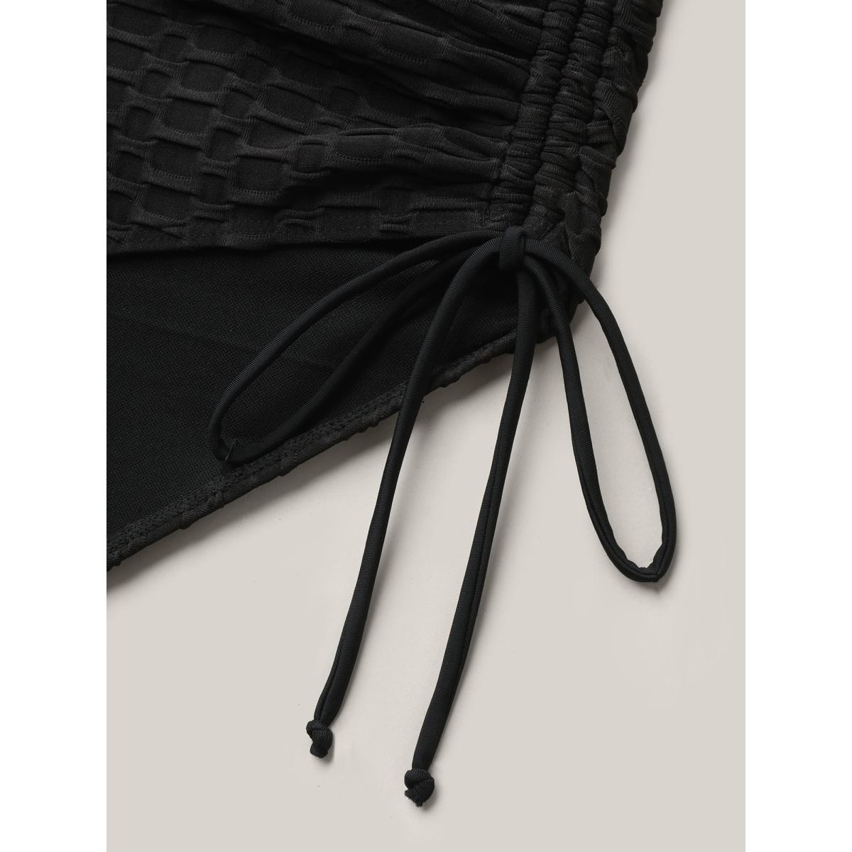 Plus Size High Waisted Embroidered Drawstring Swim Bottoms Women's Swimwear Black Beach Texture High stretch Skinny High Rise Curve Swim Bottoms BloomChic 12/L Product Image