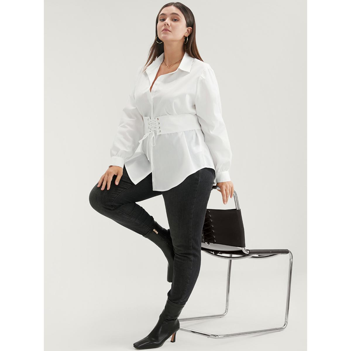 Plus Size WhiteSmoke Solid Button Up Belted Lapel Collar Blouse Women Office Long Sleeve Lapel Collar Work Blouses BloomChic 14-16/1X Product Image