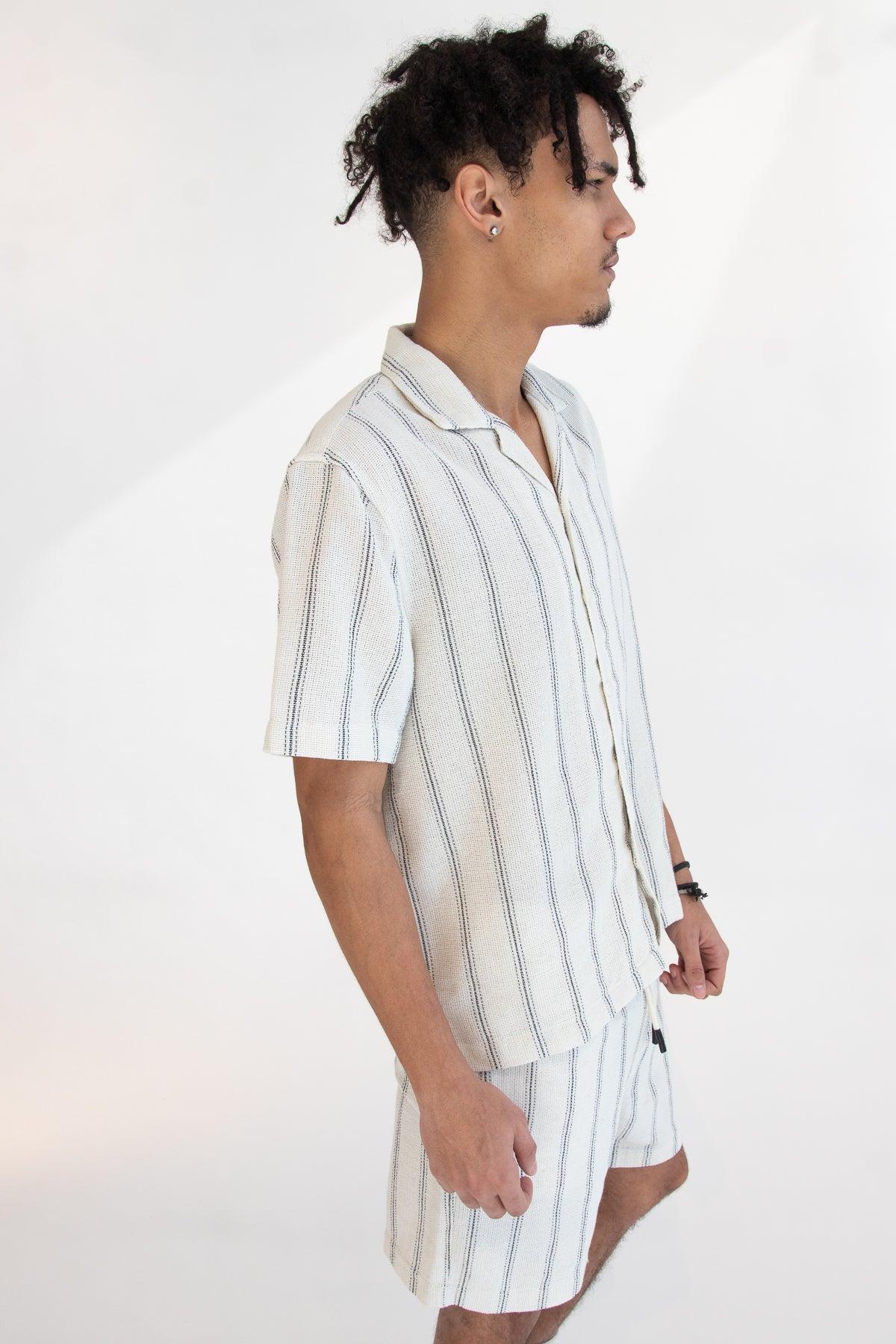 Black Striped Textured Woven Button Up Shirt Product Image