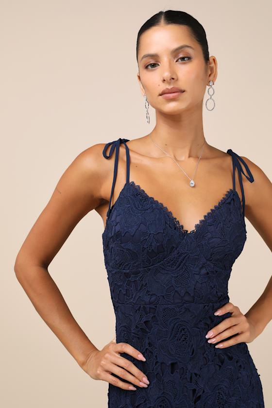 Compelling Sweetness Navy Blue Lace Tie-Strap Midi Dress Product Image