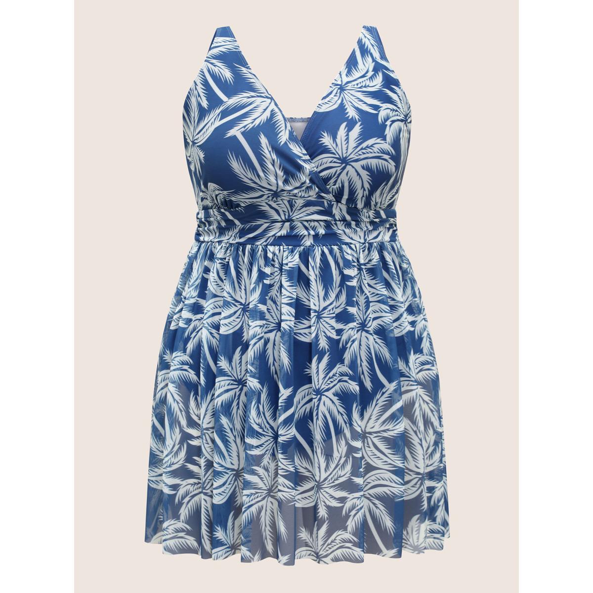 Plus Size Tropical Print Overlap Collar Swim Dress Women's Swimwear Mediumblue Beach Bodycon Overlap Collar High stretch Curve Swim Dresses BloomChic 10/M Product Image