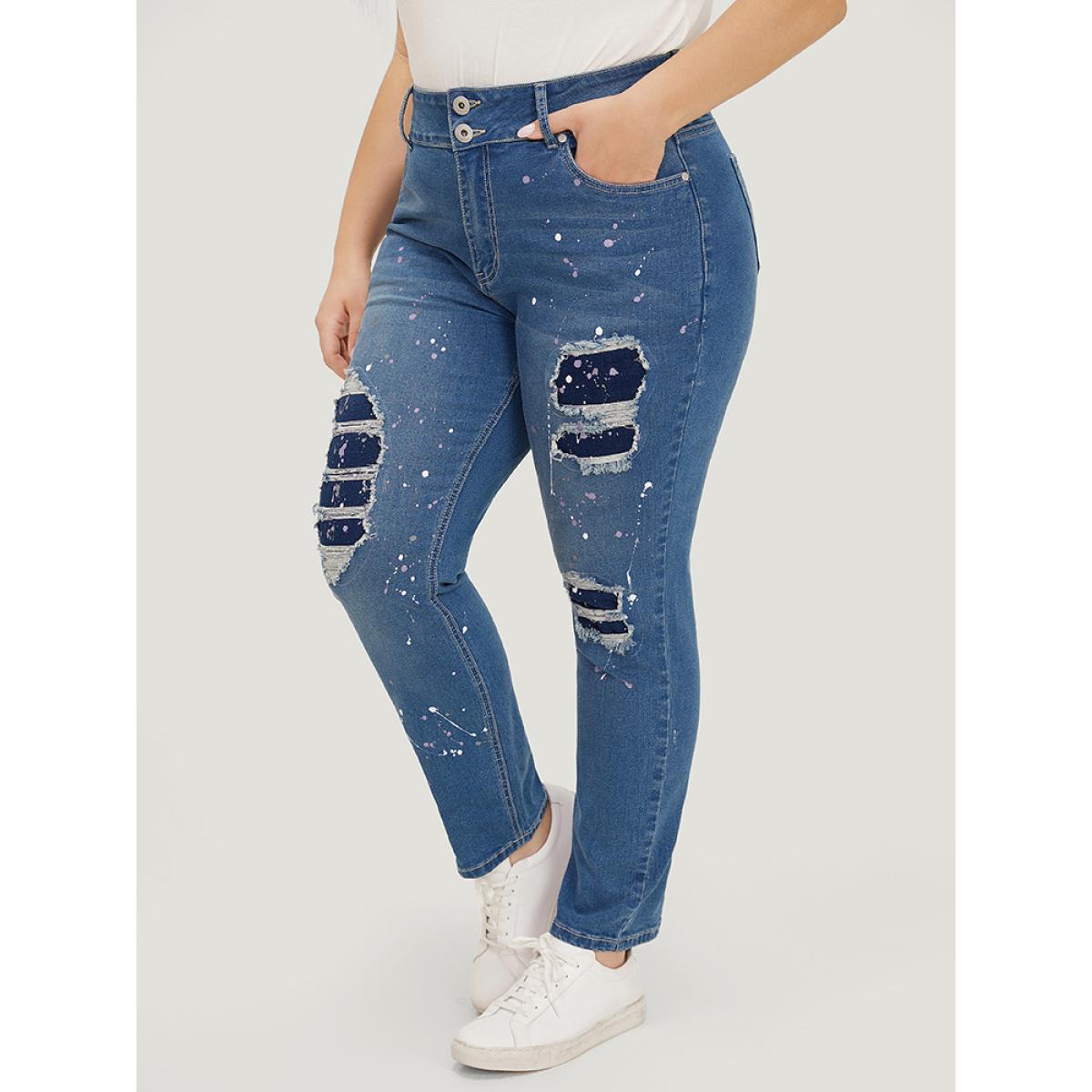 Plus Size Very Stretchy High Rise Medium Wash Paint Patched Jeans Women Blue Casual Plain Printed High stretch Pocket Jeans BloomChic 22/3X Product Image